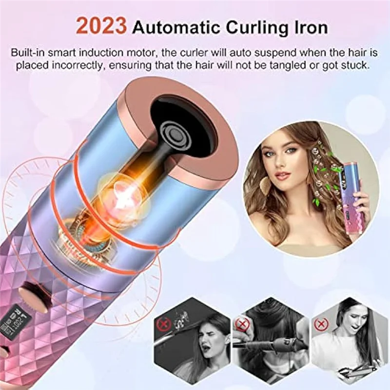 AA51 Powerful Automatic Curling Iron, Cordless Auto Hair Curler Portable Rotating Curling Wave Wand Styling Tool Auto Shut Off ABS