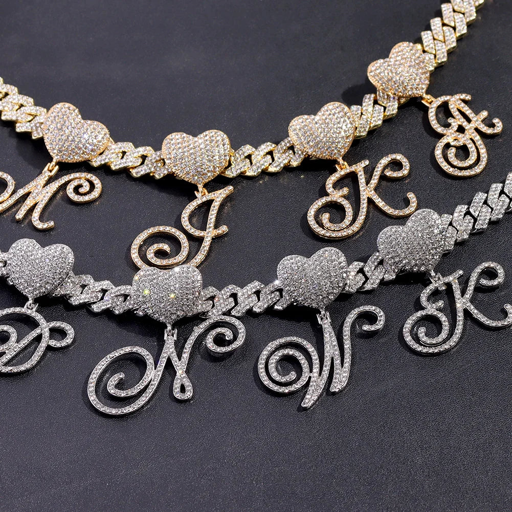 2 PCS Set New Fashion A-Z Initial Cursive Letter Luxury Rhinestones Pendant Cuban Necklace for Women Iced Out Cuban Link Chain Necklace Set Jewelry