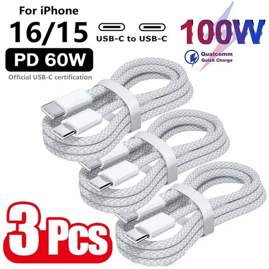 NEW Arrivals 3PCS Set USB C Cable to USB C 100W Fast Charging Charger Cable Supports Fast Charging For iPhone 16 15 Samsung Xiaomi Huawei Mobile Phones Accessories Electronic Supplies