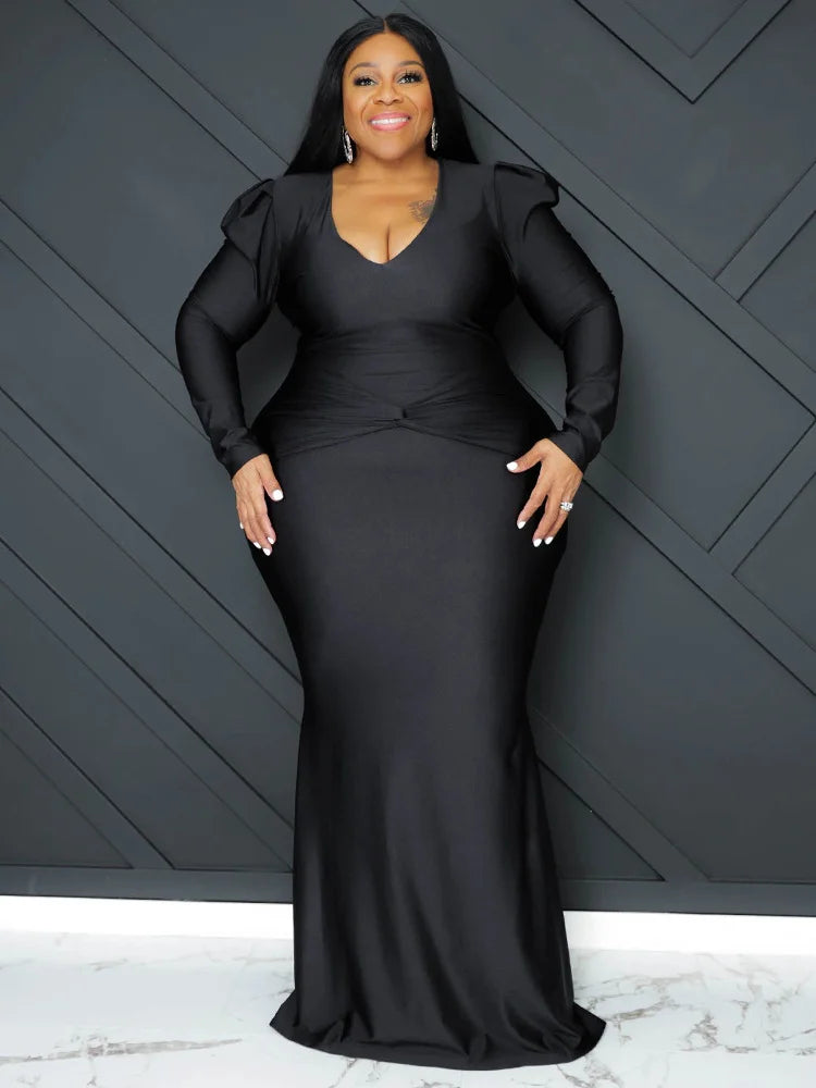 L-5XL Plus Size Black/Red/Blue/Green Evening Party Luxury Dresses Curvy BBW Women V-Neck Long Sleeve Full Length Bodycon Elegant Evening Maxi Dress