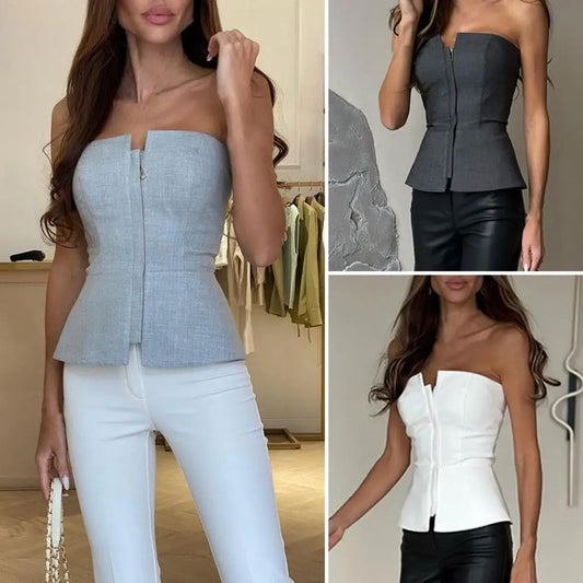 NEW Arrivals UK Size Sexy Women Tube Tops Zipper Tube Tops Bandeau Party with Zipper Placket Solid Color Slim Fit Party Tops Streetwear Club Wear
