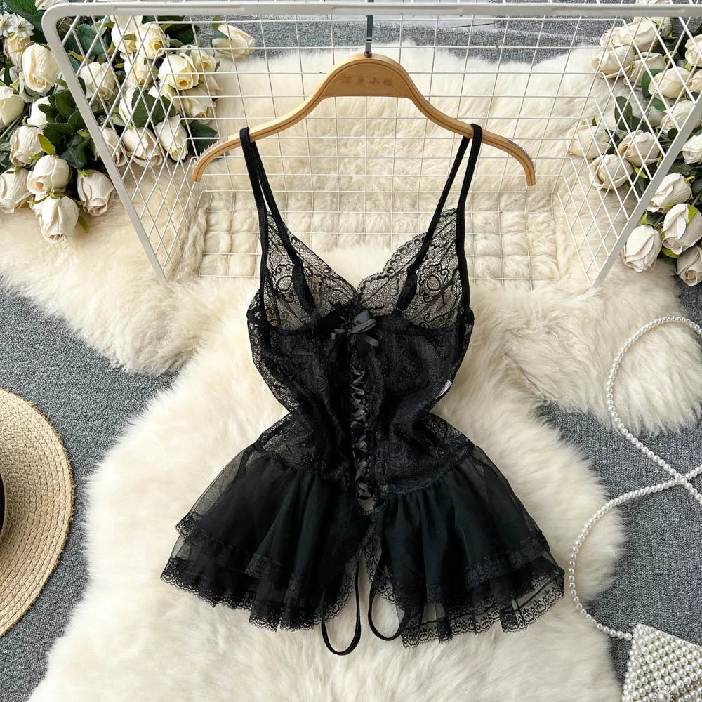 Women Preppy Style Sexy Uniform Sets 2024 V Neck Sheer Top+Lace Up Mini Skirt+Thongs Hollow Out Cosplay Porn Suits