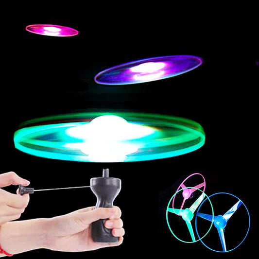 Children Kids Luminous Flying Disc Propeller Toys LED Lighting Pull String Flying UFO Toy Spinning Top Outdoor Game Sports Toy Gift