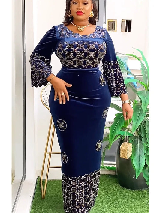 BRAND NEW Plus Size L-3XL Luxury African Evening Party Dresses for Women 2025 New Fashion Dashiki Dubai Algerian Velvet Wedding Guest Gowns Elegant Muslim Maxi Dress
