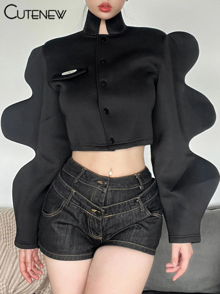 NEW Arrivals Solid Black Autumn Winter Women Jacket Fashion Stand-Up Collar Single-Breasted Lantern Sleeve Female Evening Rave Party Night Club Coat Streetwear Girls Casual Fashion Apparel Supplies