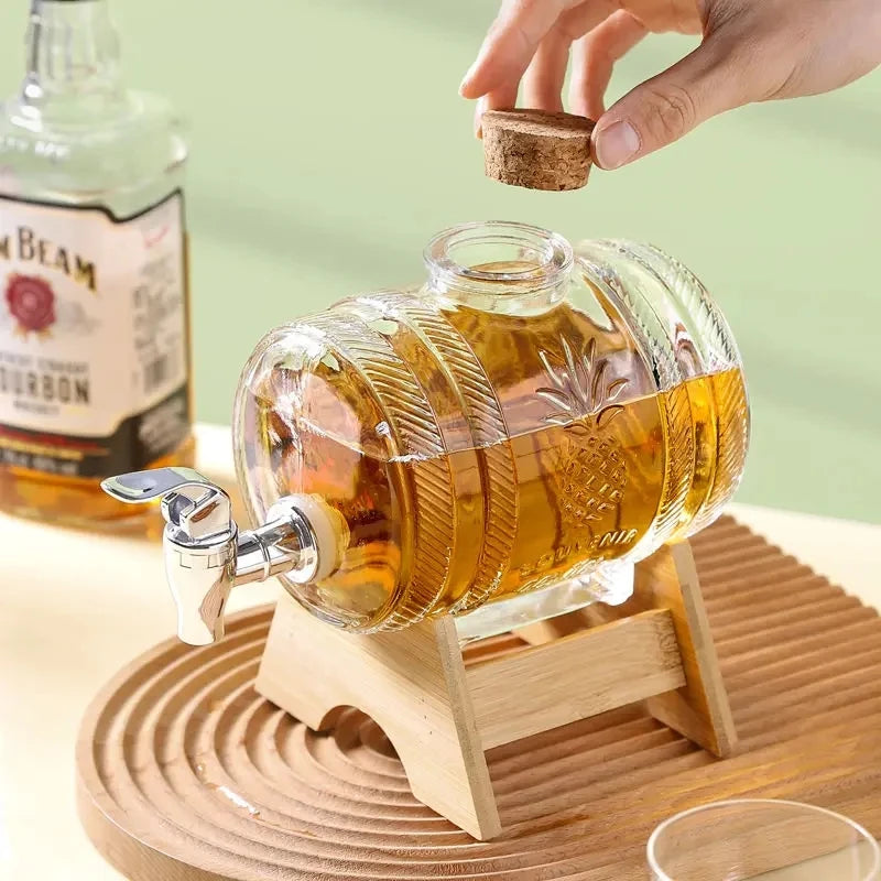 1000ML Full Set Glass Whiskey Barrel Wine Barrel Beer Bottle Fruit Aging Alcohol Honey Storage Container With Base Faucet Bar Set Home Bar Pubs Restaurants Barware Accessories
