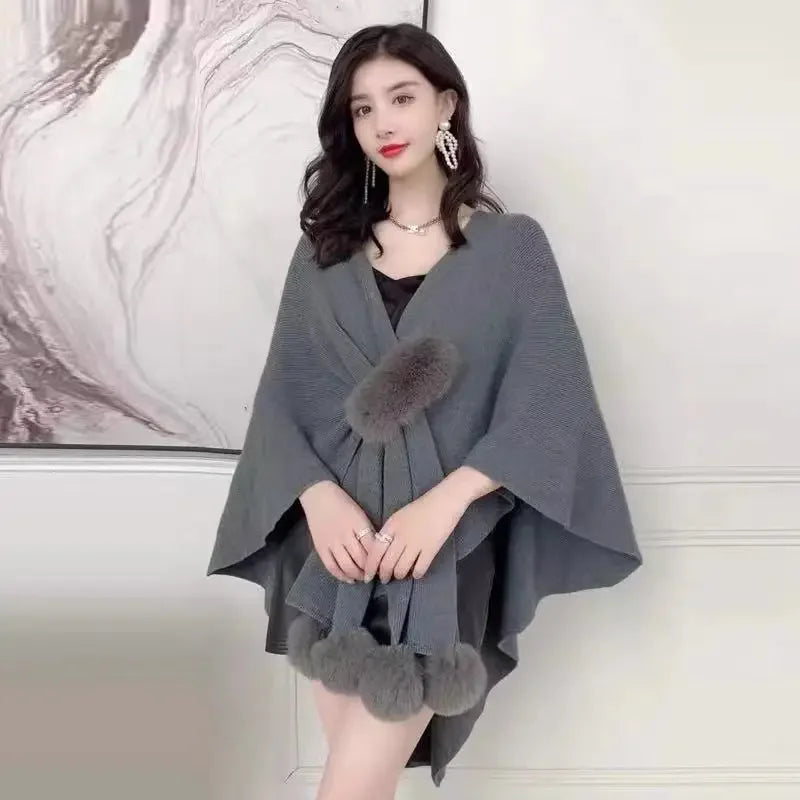 NEW Arrivals 5 Color High Quality Autumn Winter Warm Oversize Cloak Knitted Criss-Cross Poncho Capes Women Female Loose Faux Fur Ball Streetwear Cardigan Shawl Knitwear Girls Ladies Luxury Apparel Accessories Clothing Supplie