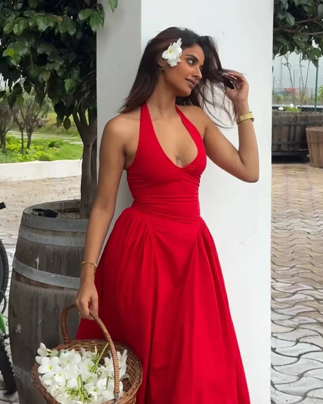 7 Colors  Sexy Backless Elegant Halter Dress For Women Low Waist A-line Midi Summer Evening Party Dresses Cotton Gowns