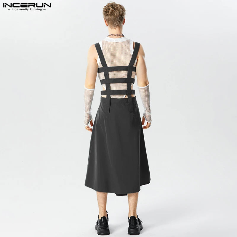 Men Irregular Skirts Jumpsuits Solid Color Hollow Out Straps Men Pants Streetwear Personality Male Skirts S-5XL INCERUN