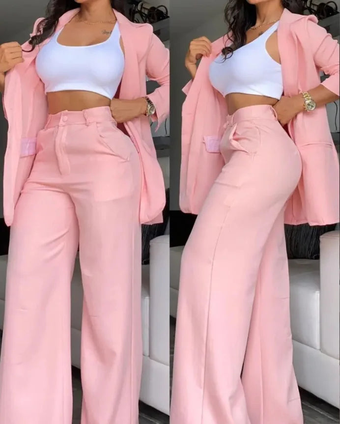 NEW Arrivals 2PCS Set UK Size S(8)-3XL(20) 4 Colors Woman Elegant Luxury Blazer Sets New Autumn Spring Fashion Women's Notched Collar Coat + Pocket Design Pants Set Work Commuting