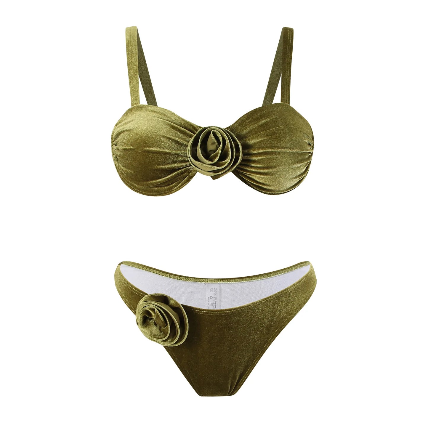 Sexy 3D Green Flower Push Up Velvet Micro Bikinis Sets Two Pieces Padded Thong Swimwear Female Bathing Suit Bikini