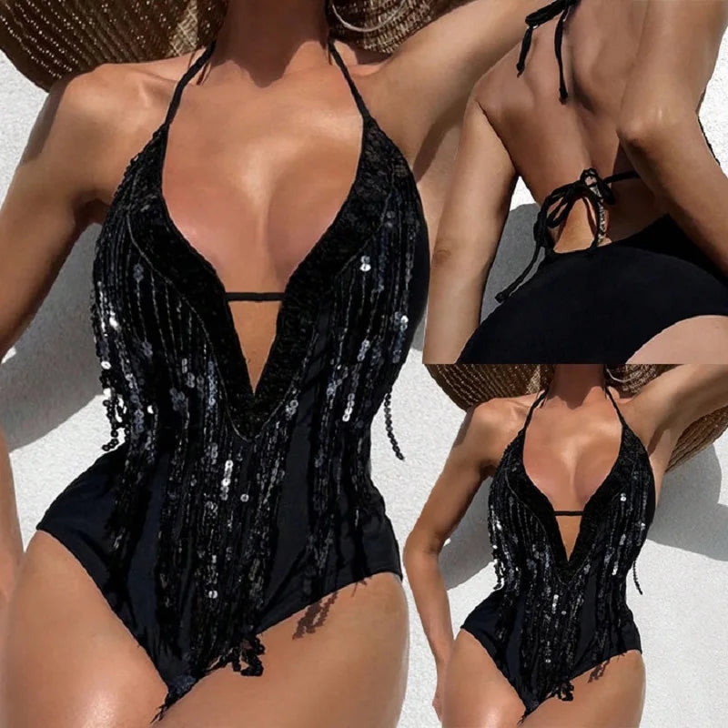 Sexy Swimsuit Lace Up Glitter Highlights Women's Hanging Neck Sequin One Piece Swimsuit Bikini