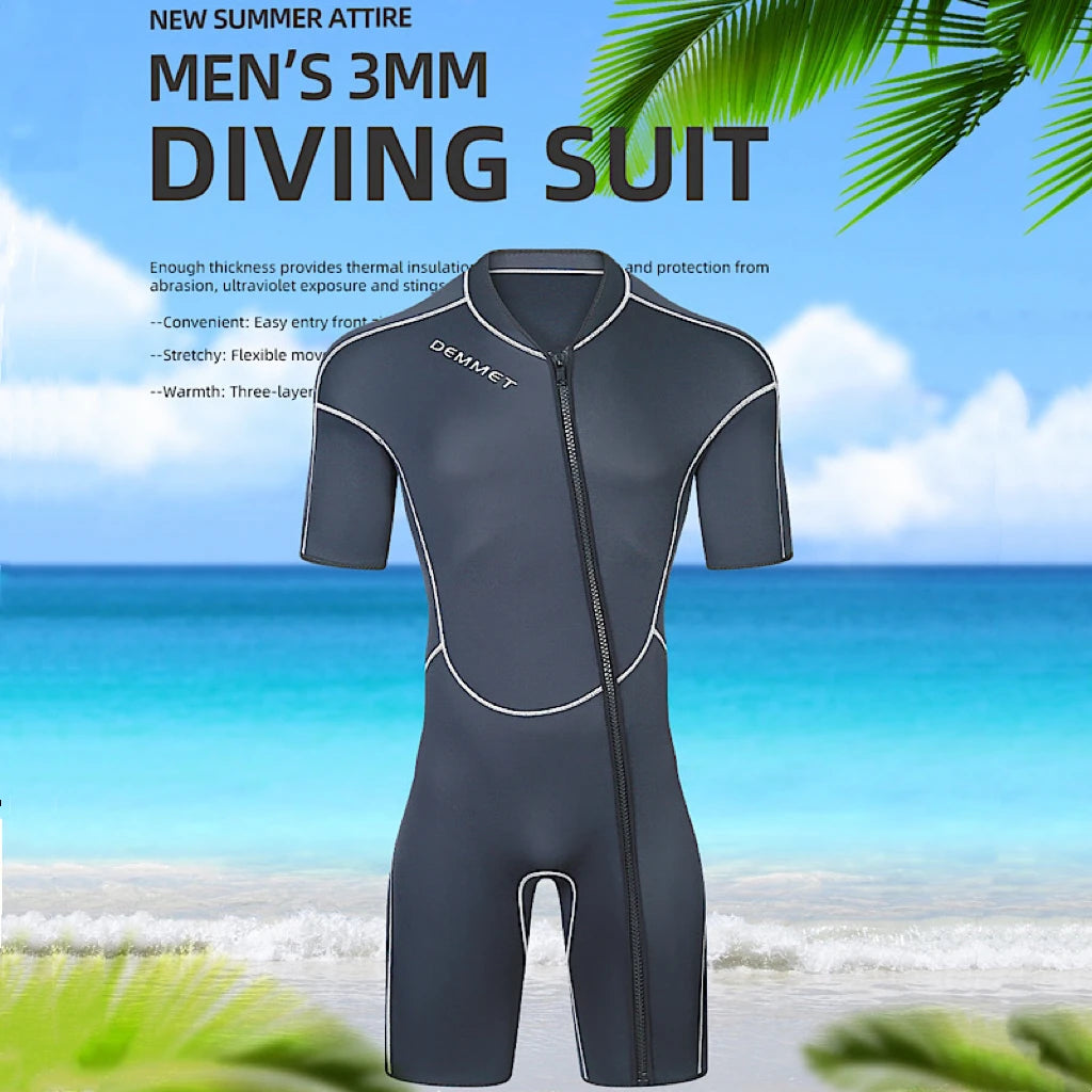 New 1.5/3M Neoprene Men's Short Sleeve Wetsuit Front Unzipper Snorkeling Surfing Swimsuit Keeps Warm