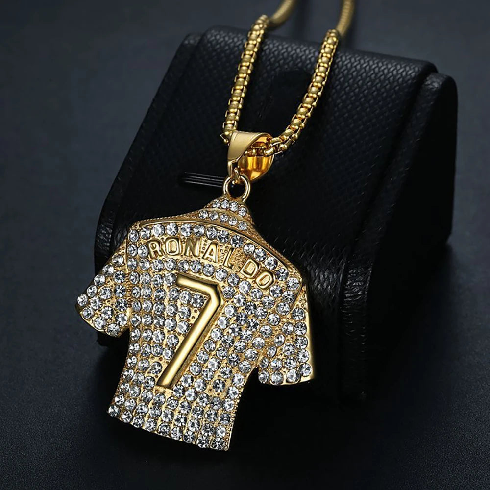 Fashion Football Jersey Messi Cristiano Ronaldo Neymar Mbappé Harland Rhinestone Necklaces + 60cm Gold Chain Men Stainless Steel Soccer Fans Hip Hop Jewelry Accessories