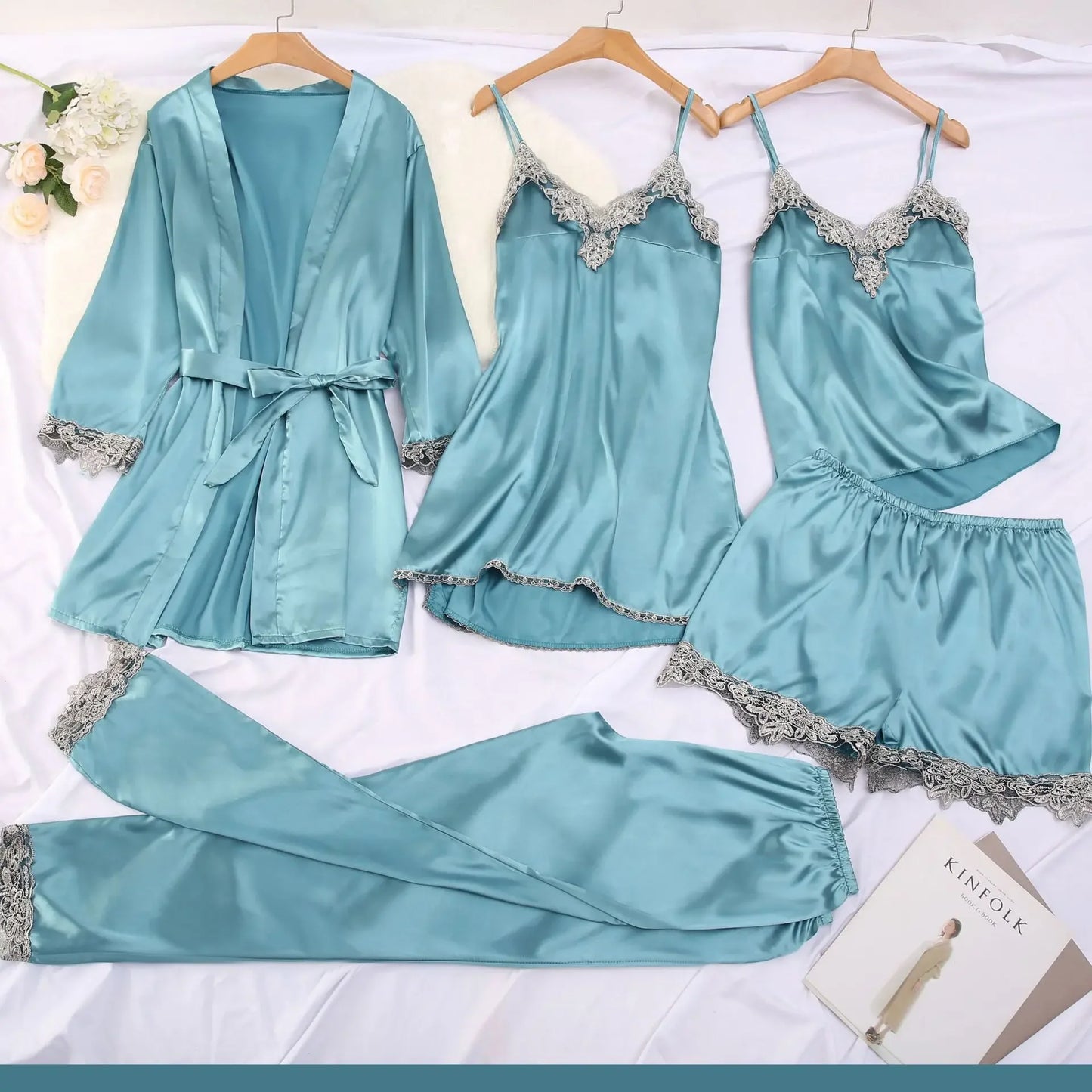 NEW Arrivals S-3XL Plus Size 5PCS Set 4 Colors Silk Feel Luxury  Pajamas Set Chubby Women's Nightgown Lingerie Sleepwear V Neck Home Clothes Fun Adult Toys And Games Ladies Sleepwear Sets