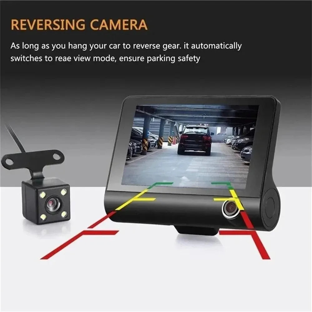 Three Lenses Car Driving Tachograph Front Rear Inside Wide Angle 24H Parking Recorder Loop Recording Night Vision Pedestrian Safety Detector Vehicles Security Accessories