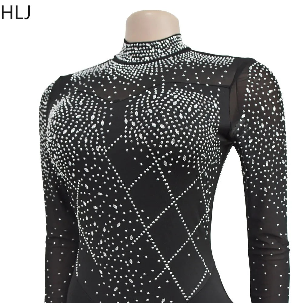 Low-Price Sales are Limited NEW S-2XL Black/Apricot Rhinestones Mesh See Though Bodycon Evening Night Club Party Jumpsuits Women Round Neck Long Sleeve Slim Playsuits Sexy Overalls Girls Ladies Luxury Fashion Clothing Supplie