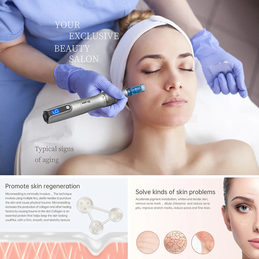 NEW Set Face Eyes Lips Tightening Lifting Rejuvenation Ultima M8S Wireless USB LCD Digital Screen Professional Derma Pen with 12 Needle Microneedle Anti Backflow Micro Pen 0.25 MM Needle Length Ladies Beauty Salon Tools Set S