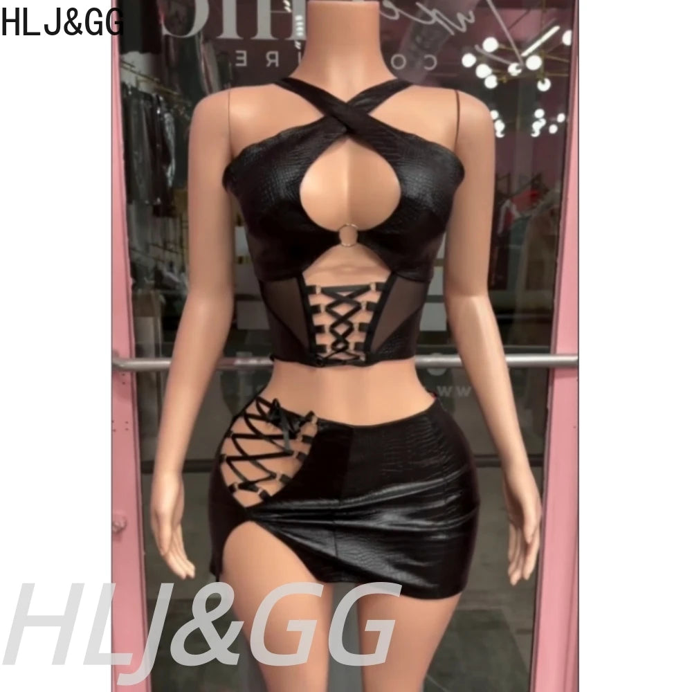 NEW 2 PCS Set Black Sexy Leather Hollow Bandage Women Sleeveless Backless Slim Crop Top And Mini Skirts Night Clubwear Prom Evening Party Outfits