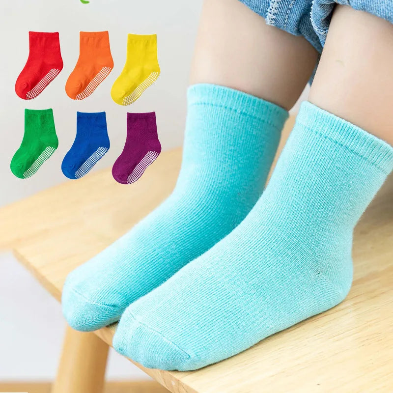 NEW 0-7Y 6 Pairs Set Lot Spring Autumn Newborn Kids Anti-Slip Cotton Socks Solid Color Soft Breathable Cotton Baby's Boat Socks Boys Girls Trampoline Socks