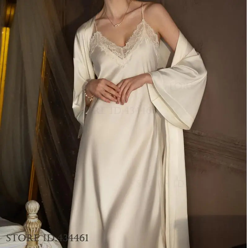 2 PCS Set S-3XL Plus Size Satin Ice Silk 3 Colors Curvy Ladies Long Robe Nightgown Set Pajamas Elegant Kimono Bathrobe Gown Sleepwear Summer Sexy Women's Home Wear Loungewear