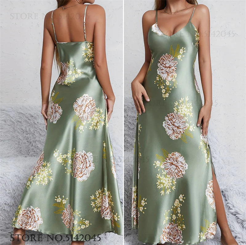 NEW S-XL 4 Colors Women Long Ice Silk, Rayon Nightgown Chemise Sleepwear Print Flower Suspender Nightdress Intimate Lingerie Summer Silk Satin Home Wear Loungewear