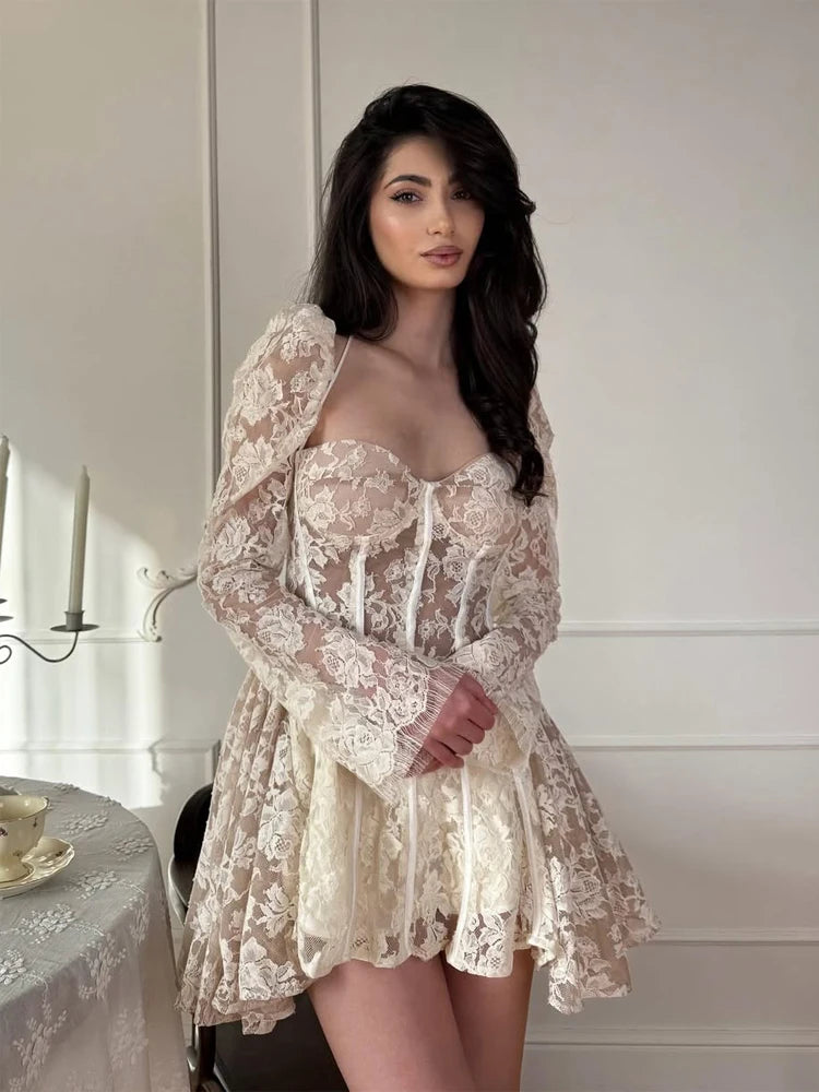 3 Different Types Elegant Patchwork Lace Short Dress Women Chic Full Sleeves See Through A-Line Slim Hollow Out Sling Dresses Lady Evening Party Wedding Guest Night Clubwear Prom New Arrivals