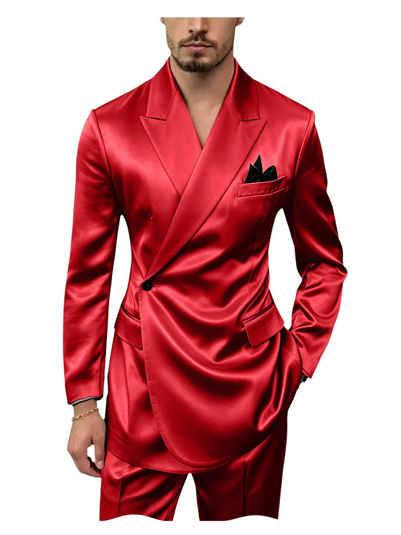 8 Colors 2 PCS Set S-7XL Extra Plus Size Men's Luxury Satin Suit Asymmetrical Wrap Peak Lapel Silk Suit One Button Slim Fit Blazer Pants Wedding Celebrity Red Carpet Business Formal Evening Luxury Outfit