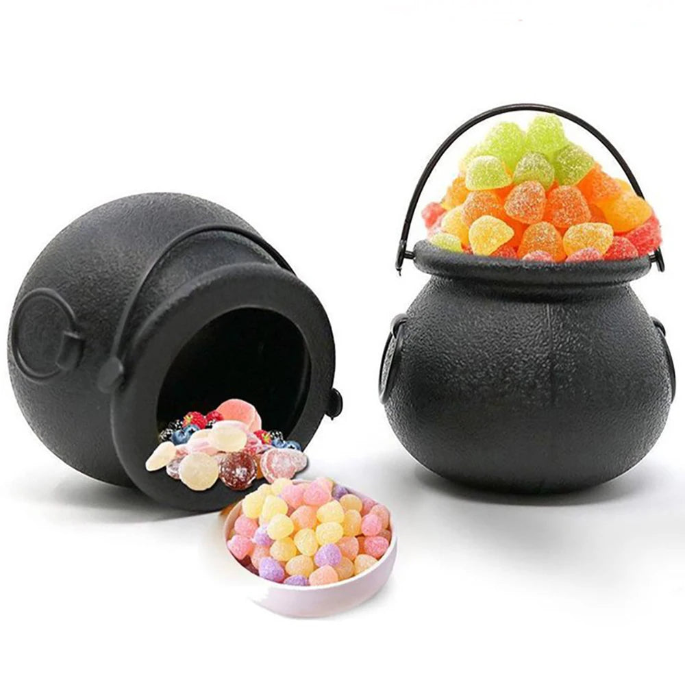 12PCS Set Halloween Scull-Jars Cauldron Decoration,Mini Black Plastic Witches Cauldron,Halloween Candy Basket,Trick Or Treat Bucket
