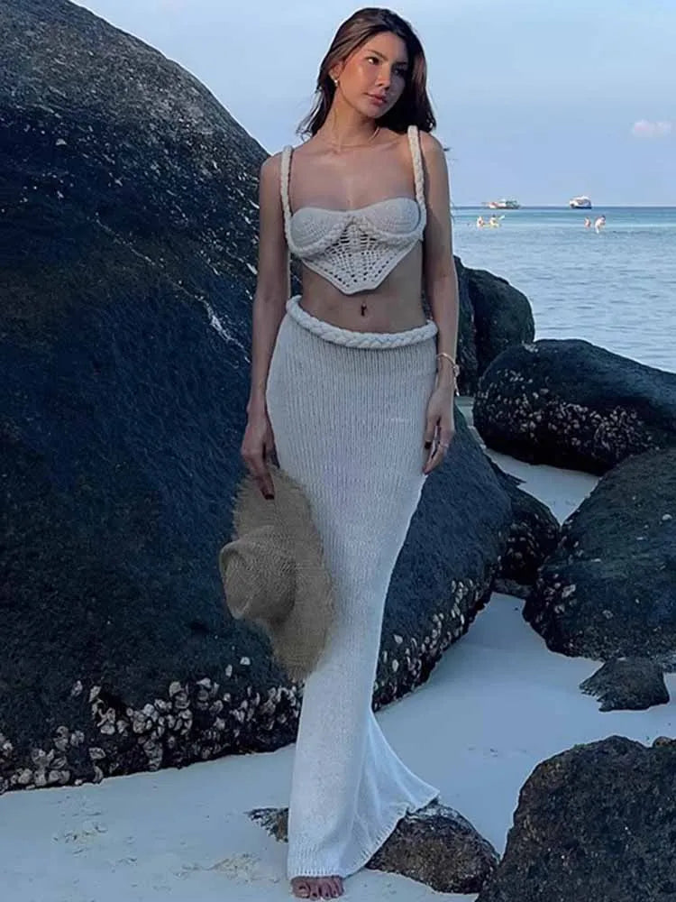 BRAND NEW 2PCS Set  Red/White S(8)-XL(16-18) UK Size Sexy HOT Crochet Knit Skirts Set Women Sexy Hollow Out Lace Up Crop Tops Hip Package Split Long Skirt Ladies Beach Outfits