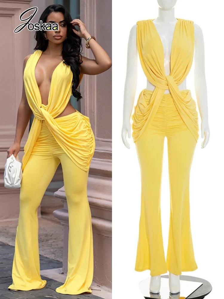 3 Colors Sexy Draped Low Neck Sleeveless Bodycon Jumpsuit Women Hipster Deep V-Neck Backless Ruched Skinny Flare Pants Rompers Evening Party Clubwear Outfits