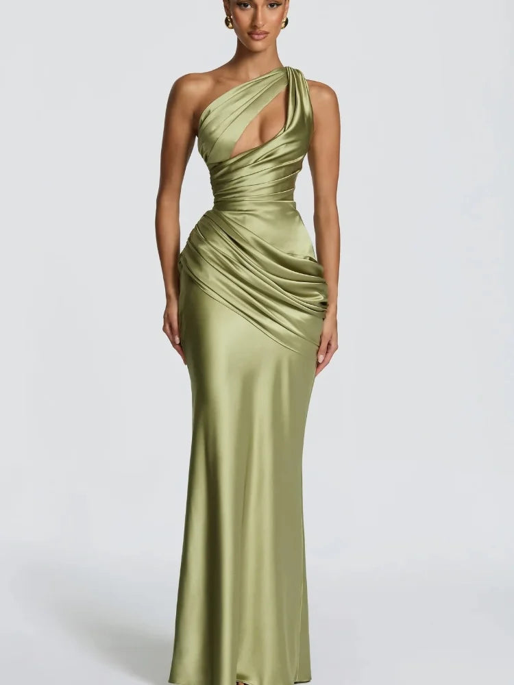 NEW Arrivals 4 Colors Spring/Summer Women Sexy Luxury Green Ruched Elegant Satin Maxi Dress Mermaid One-Shoulder Cutout Slim Fit Flows Lady Evening Party Wedding Guest Business Dinner Outfits