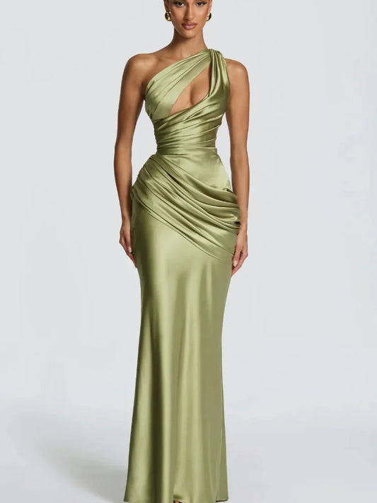 NEW Arrivals 4 Colors Spring/Summer Women Sexy Luxury Green Ruched Elegant Satin Maxi Dress Mermaid One-Shoulder Cutout Slim Fit Flows Lady Evening Party Wedding Guest Business Dinner Outfits