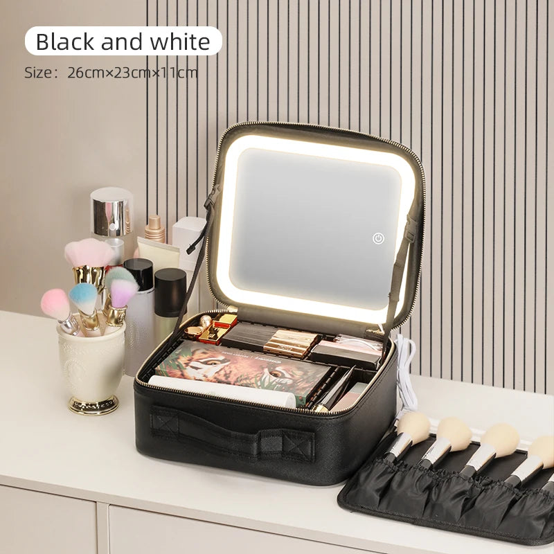 Make-Up Travel Train Case with LED Lighted Mirror, 3 Color Adjust Settings, Travel Makeup Bag With Adjustable Dividers Women Cosmetic Accessories