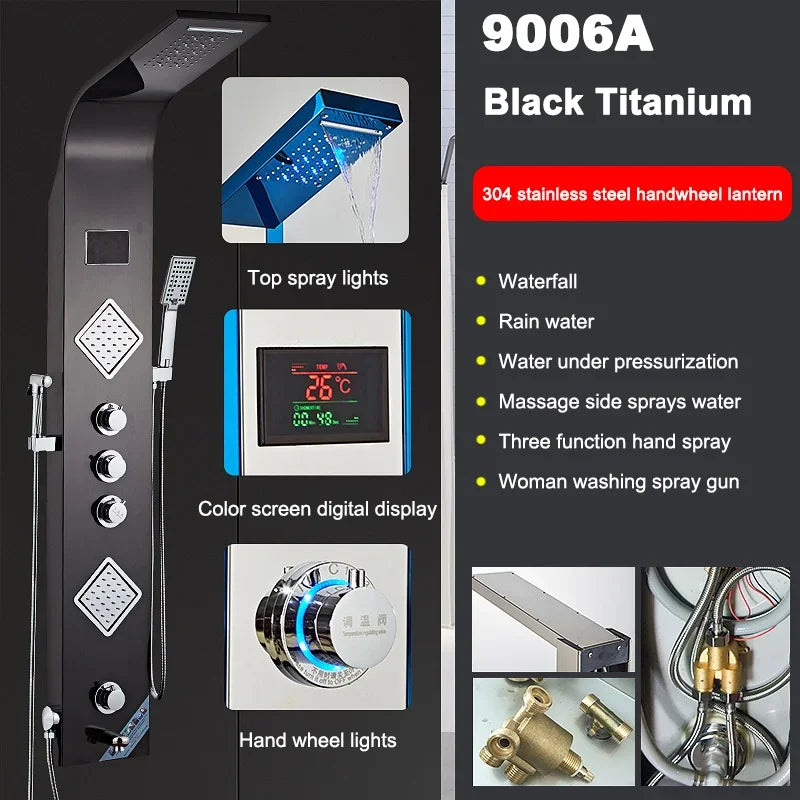Luxury Stainless Steel Home Improvement LED Lights Shower Faucets Luxury Bathroom Faucet Set Bather Thermostat Shower Screen Shower Electronic System Kit Home Bathroom Supplies