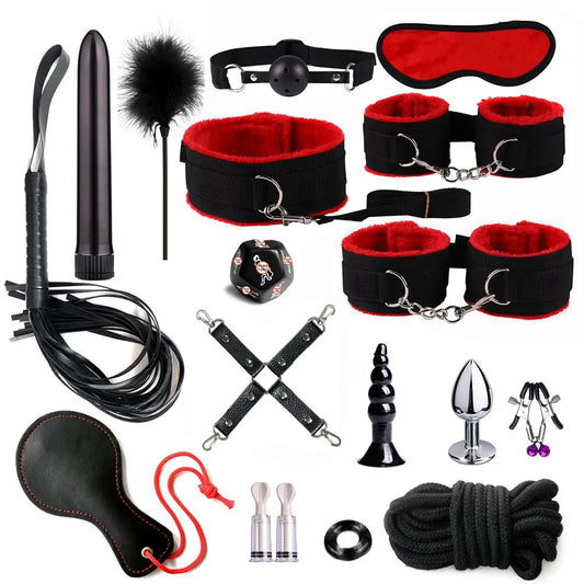 BDSM Sex Kits Bdsm Bondage Adults Sex Toys For Women Men Handcuffs Nipple Clamps Whip Spanking Sex Metal Anal Plug Vibrator Butt