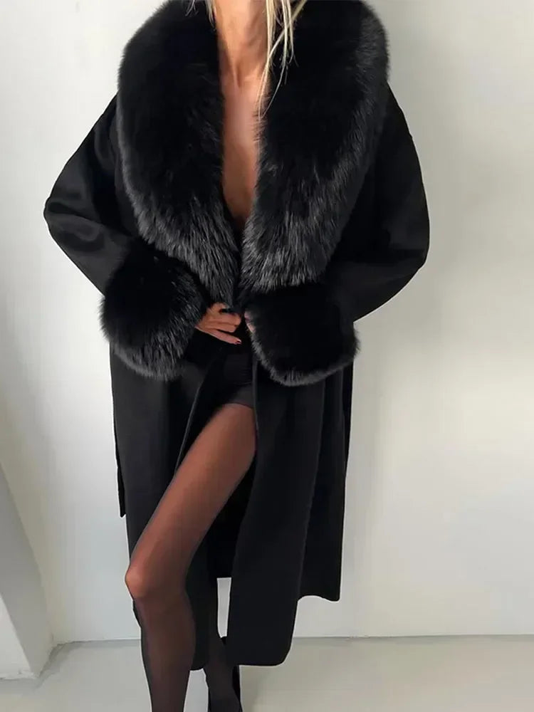 UK Size Black/White Mink Fur Overcoat + Brown/Black/Red Mini Hot Sexy Dress Patchwork Woolen Coat Women Full Sleeve V-Neck Lace Up Loose Long Overcoat Female Winter Commute Outerwear