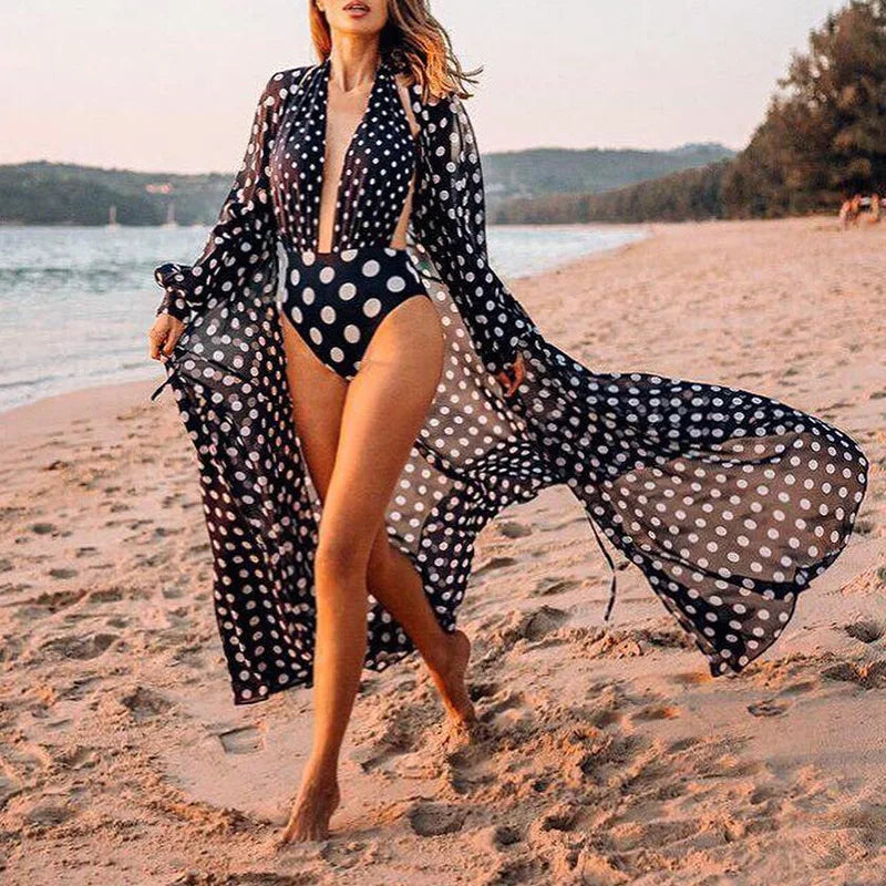 NEW Chiffon Black Beach Dress Long Beach Cover Up Woman Swimwear Bikini Tunic Long Pareo Robe Ladies Beachwear Outfit
