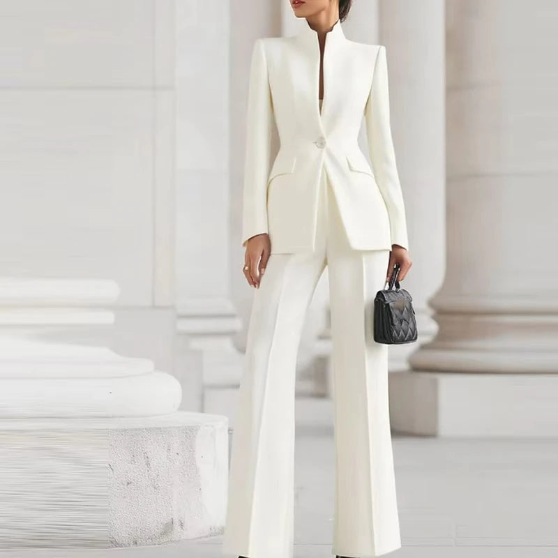 5 Colors 2 PCS Set S-2XL UK Size Elegant Long Sleeved Blazer + Pants Suit Autumn Spring Simple Solid Color Commuting Outfit Women's Temperament Slim Fit Professional Set