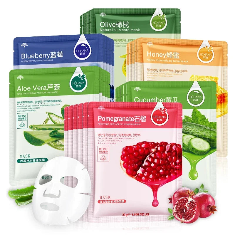 NEW Arrivals 20PCS Set 7 Natural Fruit Patterns Natural Plant Facial Mask Moisturizing Oil Control Anti-Aging Fruit Aloe Korean Hyaluronic Acid Sheets Face Mask Beauty Skin Care Products