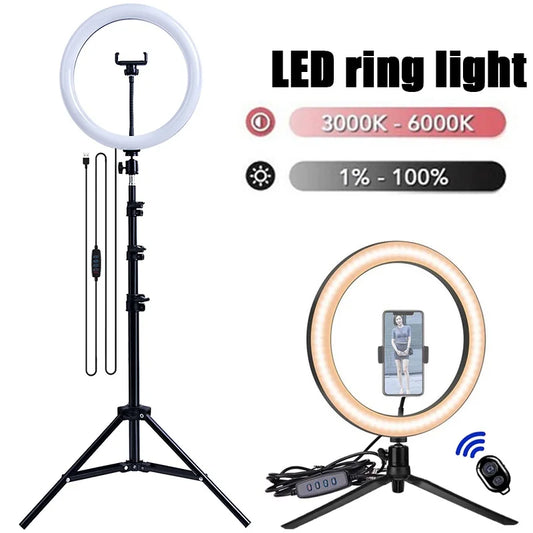 Home Studio Social Media Live Streaming Tools 16/26/33cm LED Selfie Light Photography Lights With Tripod Bluetooth Remote Control Dimmable Ring Light For Video Live Fill Lamp