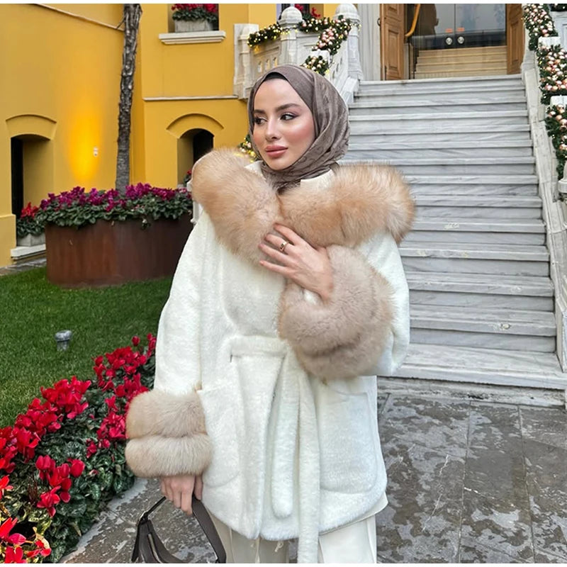 UK Size White/Gray/Brown/Black Color Hoody Mink  Fur Furry Coats Women Fashion Belt Long Sleeve Pocket Thicken Warm Jacket Autumn Winter Urban Lady Streetwear