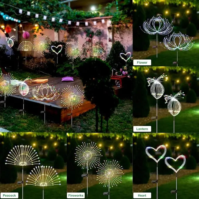 NEW 2PCS Set Solar Outdoor Firework Lights 200 LED Waterproof 2 Modes Decorative Sparkles Stake Landscape Light for Party Garden Footpath Lighting Accessories