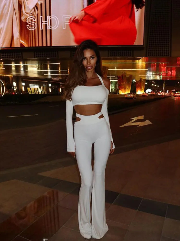 NEW Arrivals 2PCS Set Black/White  Tops + Pants Italian Fashion Sexy Sheath Women's Suits Sets Solid Hollow Out Slim Fit Tracksuits Long Sleeves Slash Neck Ladies Girls Casual Fashion Clothing Supplies