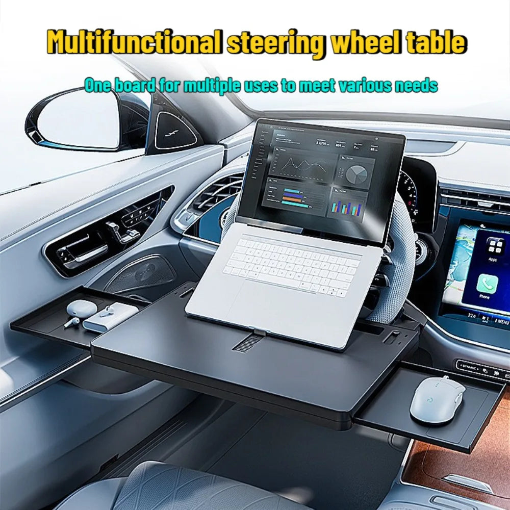 New Car Tray Carbon Fiber Table Food Tray Desk Folding Laptop Desk Auto Steering Wheel Tray Mount Adjustable Water Cup Computer 10kg Weight Bracket Holder Accessories