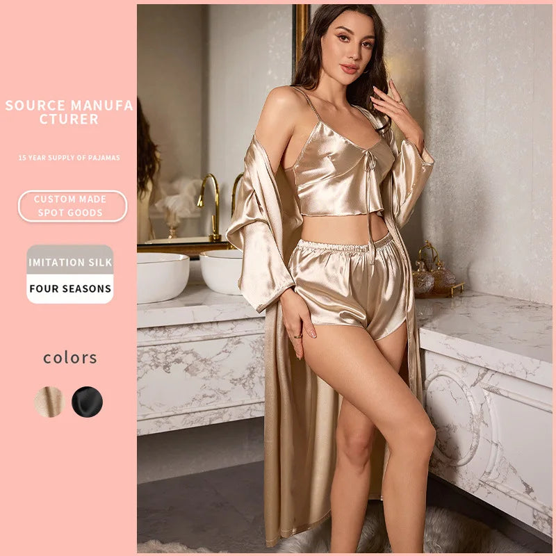 3 PCS Set S-XL Black/Champagne Color Ice Silk Sexy Women Pajamas Ladies Nightgowns Satin Robes Nightdress Sling and Short Women Robe Ladies Luxury Sensual Underwear Ensemble Clothes