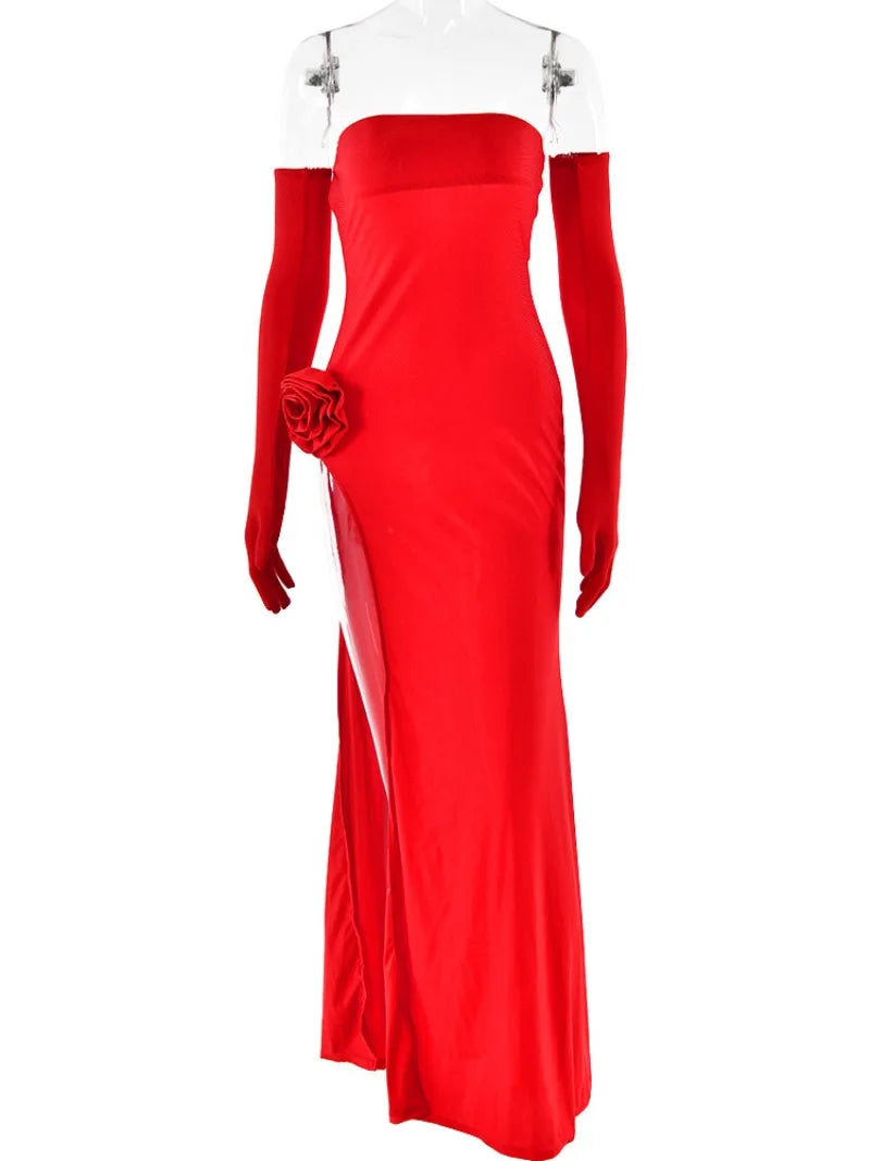 NEW Arrivals Red/Black Women Luxury Strapless Flower High Slit Long Maxi Formal Dress Autumn Long Sleeve Gloves Bodycon Sleeveless Wedding Birthday Party Night Club Business Dinner Dresses Ladies Luxury Fashion Clothing Suppl