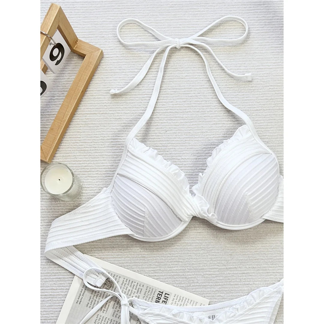 NEW 2PCS Set Halter Frilled Underwired Bra Cup Bikini Women White Swimwear Female Swimsuit Bikini Set Bather Bathing Suit Swim K5837