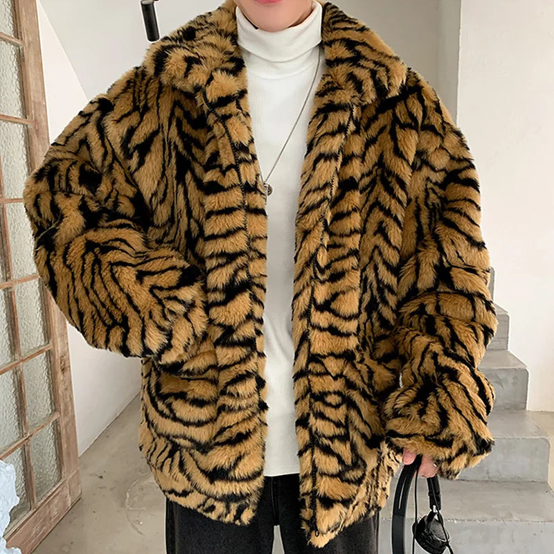 M-3XL Faux Fur Coat for Men Turn-Down Collar Tiger Leopard Imitate Fur Jacket Thick Winter Warm Snow Clothes Supplies Fluffy Plush Loose Jumper Outwear Gifts for Husband Boyfriend Lover Men Luxury Fashion Clothing Products