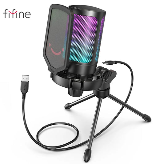 RGB USB Condenser Gaming Microphone, for PC PS4 PS5 MAC with Pop Filter Shock Mount&Gain Control for Podcasts ,Ampligame A6V